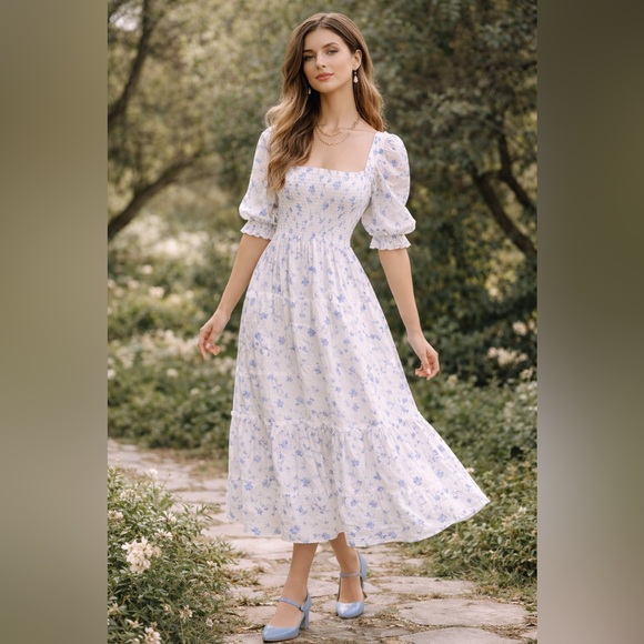 Hill House Dresses & Skirts - Hill House Home Nesli Nap Dress Blue Botanical Smocked Midi MSRP $175 XS
